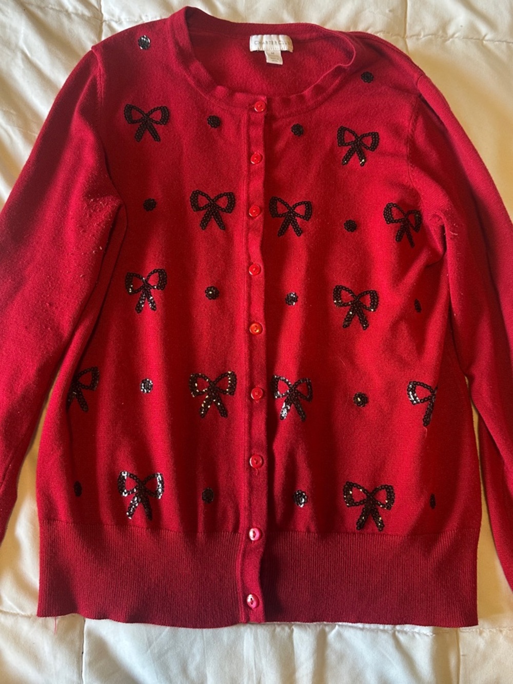 Charter Club Red Cardigan with Black Sequin Bows